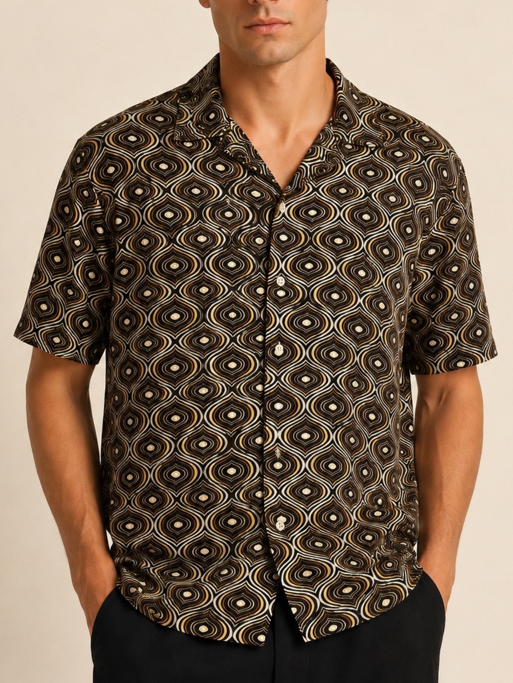 Denim & Flower Ricky Singh XL 100% Viscose Retro Geometric Camp Shirt